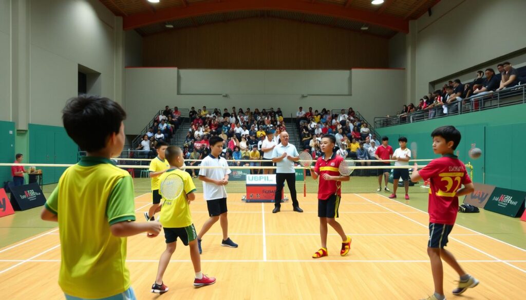 A badminton court with a well-lit, spacious setting. In the foreground, junior badminton players warm up, their colorful uniforms and rackets in hand, showcasing their dedication and focus. The middle ground features coaches observing and providing guidance, their expressions attentive and encouraging. In the background, a lively crowd cheers, creating an atmosphere of anticipation and excitement. The lighting is warm and natural, accentuating the dynamic movement of the athletes. The camera angle is slightly elevated, capturing the energy and camaraderie of the training session, reflecting the preparation and strategy for the upcoming Jaya Raya Junior Grand Prix 2025 competition.