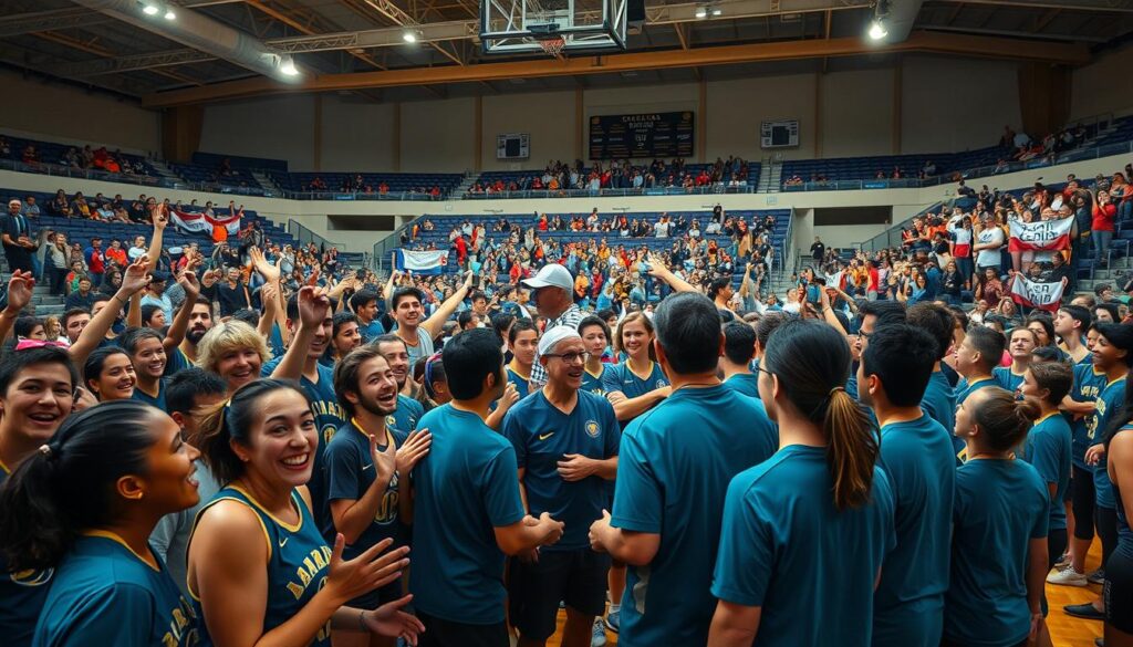 A bustling community sports arena, illuminated by warm natural lighting. In the foreground, a diverse group of athletes enthusiastically cheering and supporting their teammates, their faces beaming with pride. In the middle ground, coaches and trainers engage in animated discussions, coordinating strategies and offering encouragement. The background reveals a packed stadium, with spectators waving banners and banners adorning the walls, creating a vibrant, electric atmosphere. The scene conveys a strong sense of camaraderie, unity, and unwavering support from the local community for their beloved athletes as they prepare for the upcoming Sea Games.