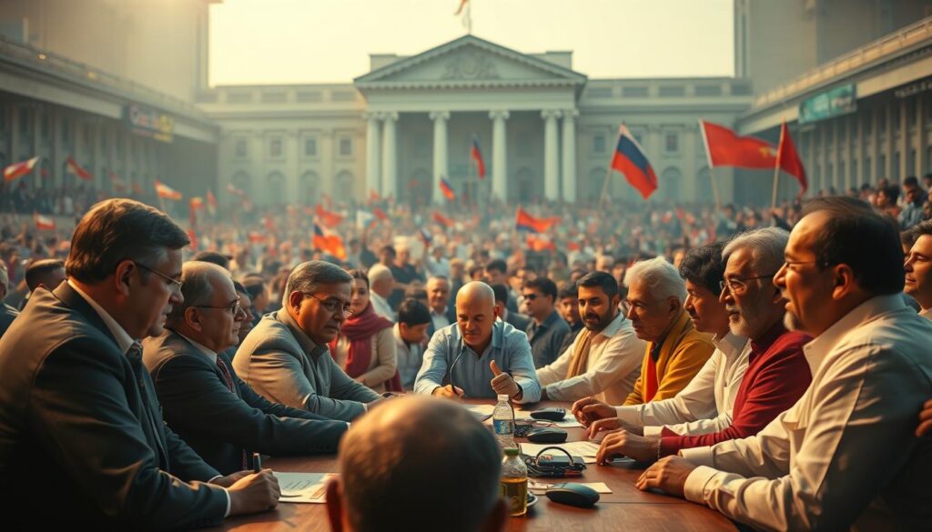A bustling political arena, where party leaders engage in dynamic negotiations and alliances. In the foreground, a group of politicians gathered around a conference table, their expressions ranging from contemplative to animated, as they hash out their strategic plans. The middle ground reveals a sea of supporters, waving party flags and chanting slogans, creating an atmosphere of energy and anticipation. In the background, the stately facade of a government building stands as a backdrop, hinting at the high-stakes nature of their discussions. Soft, warm lighting casts a subtle glow over the scene, conveying a sense of intensity and importance. The overall composition suggests the complex interplay of power, negotiation, and the delicate balance of political relationships. A bustling political arena, where party leaders engage in dynamic negotiations and alliances. In the foreground, a group of politicians gathered around a conference table, their expressions ranging from contemplative to animated, as they hash out their strategic plans. The middle ground reveals a sea of supporters, waving party flags and chanting slogans, creating an atmosphere of energy and anticipation. In the background, the stately facade of a government building stands as a backdrop, hinting at the high-stakes nature of their discussions. Soft, warm lighting casts a subtle glow over the scene, conveying a sense of intensity and importance. The overall composition suggests the complex interplay of power, negotiation, and the delicate balance of political relationships.