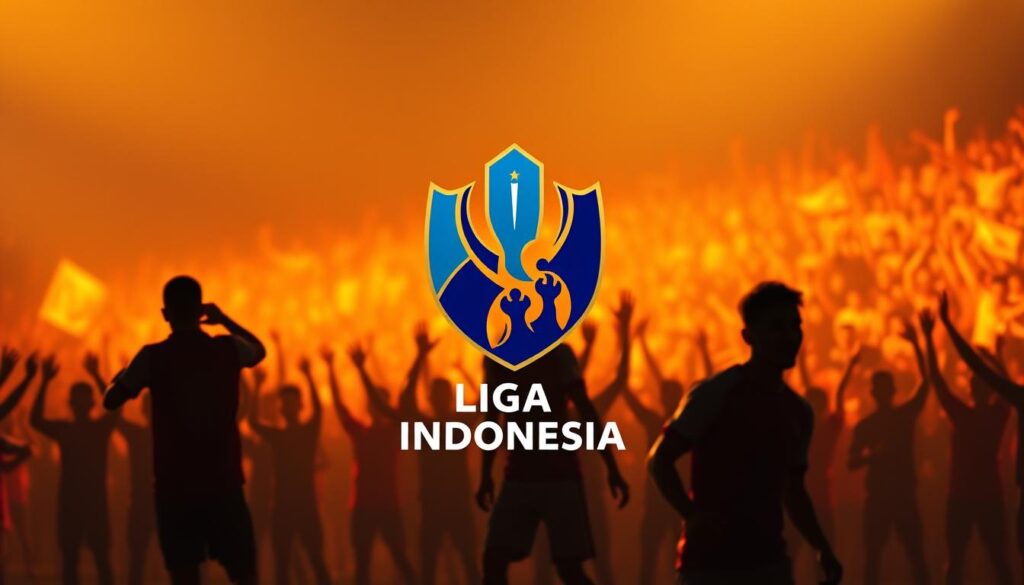 A captivating, vibrant rebrand of Liga Indonesia, showcasing a dynamic new identity. In the foreground, the reimagined league crest stands tall, featuring bold, geometric shapes and a sleek, modern color palette of blues and golds. The middle ground depicts silhouettes of players in action, their movements captured with a cinematic, almost ethereal quality, suggesting the high-intensity drama of the league. In the background, a vibrant, energetic crowd cheers, their faces obscured but their excitement palpable, creating a sense of unity and passion. The overall scene is bathed in warm, dramatic lighting, casting dramatic shadows and highlights that heighten the sense of energy and anticipation.
