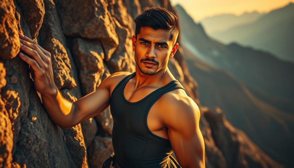 A confident and focused Kiromal Katibin, a world-renowned rock climbing athlete, stands in a rugged, mountainous landscape. Wearing a sleek, form-fitting climbing outfit, he grips the rocky surface with precision and determination, his muscular physique and intense gaze conveying his dedication to the sport. The scene is bathed in warm, golden sunlight, casting dramatic shadows and highlights that accentuate the texture of the rock and the power of his movements. The background is a majestic panorama of towering peaks, suggesting the grandeur and challenge of the sport of rock climbing. The overall composition and mood evoke a sense of strength, skill, and the pursuit of athletic excellence.