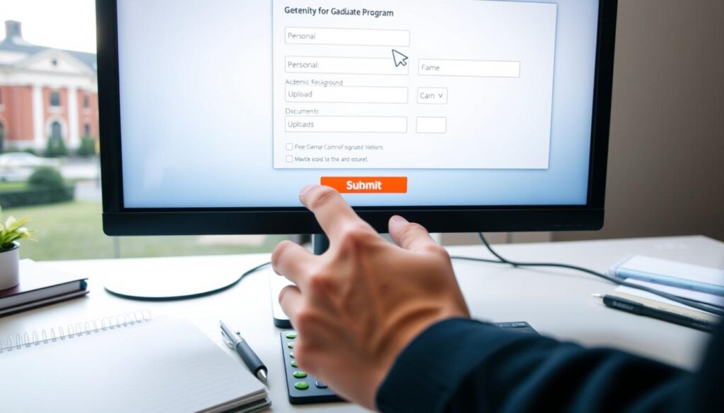 A desktop computer screen displaying an online registration form for a university graduate program. The form prominently features fields for personal information, academic background, and document uploads. In the foreground, a hand holding a mouse cursor hovers over the "Submit" button, ready to complete the application process. The middle ground shows a well-organized workspace with a notebook, pen, and other office supplies, conveying a sense of diligence and attention to detail. The background features a blurred image of the university campus, hinting at the institution's prestige and the applicant's academic aspirations. The lighting is soft and natural, creating a calm and focused atmosphere for the registration task at hand. A desktop computer screen displaying an online registration form for a university graduate program. The form prominently features fields for personal information, academic background, and document uploads. In the foreground, a hand holding a mouse cursor hovers over the "Submit" button, ready to complete the application process. The middle ground shows a well-organized workspace with a notebook, pen, and other office supplies, conveying a sense of diligence and attention to detail. The background features a blurred image of the university campus, hinting at the institution's prestige and the applicant's academic aspirations. The lighting is soft and natural, creating a calm and focused atmosphere for the registration task at hand.