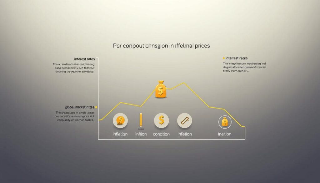 A detailed illustration of the key factors contributing to the recent decline in gold prices. Depicted in a minimalist, flat-design style with clean lines and a muted color palette. Prominently features a stylized chart or graph showcasing the interplay of economic forces such as interest rates, inflation, and global market conditions. The middle ground displays symbolic icons representing these variables, while the background contains subtle textures and gradients evoking a sense of financial markets and economic trends. Lighting is soft and diffused, creating a balanced, contemplative atmosphere suitable for an analytical article section. A detailed illustration of the key factors contributing to the recent decline in gold prices. Depicted in a minimalist, flat-design style with clean lines and a muted color palette. Prominently features a stylized chart or graph showcasing the interplay of economic forces such as interest rates, inflation, and global market conditions. The middle ground displays symbolic icons representing these variables, while the background contains subtle textures and gradients evoking a sense of financial markets and economic trends. Lighting is soft and diffused, creating a balanced, contemplative atmosphere suitable for an analytical article section.