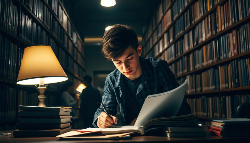 A dimly lit university library, its shelves laden with tomes. A young scholar hunches over a desk, pen in hand, surrounded by a clutter of notes and reference materials. Soft lamplight casts a warm glow, creating a contemplative atmosphere as the student meticulously crafts their thesis, the weight of their academic journey etched on their brow. In the background, faint silhouettes of fellow researchers move between the stacks, a quiet symphony of intellectual discovery. The scene conveys the solitary, focused nature of the thesis writing process, the student's determination to contribute to the larger body of knowledge.