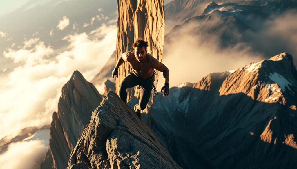 A dramatic scene of a professional rock climber ascending a towering cliff face, showcasing their incredible skill and determination. Captured in a cinematic wide-angle shot, the athlete's powerful movements are highlighted by dramatic side lighting that casts dramatic shadows, emphasizing the challenging terrain. The background features a rugged, windswept mountainscape bathed in warm golden light, conveying a sense of awe and grandeur. The climber's expression is one of intense focus, their body taut with muscular tension as they navigate the treacherous holds. An inspiring depiction of the pinnacle of athletic achievement in the sport of rock climbing.