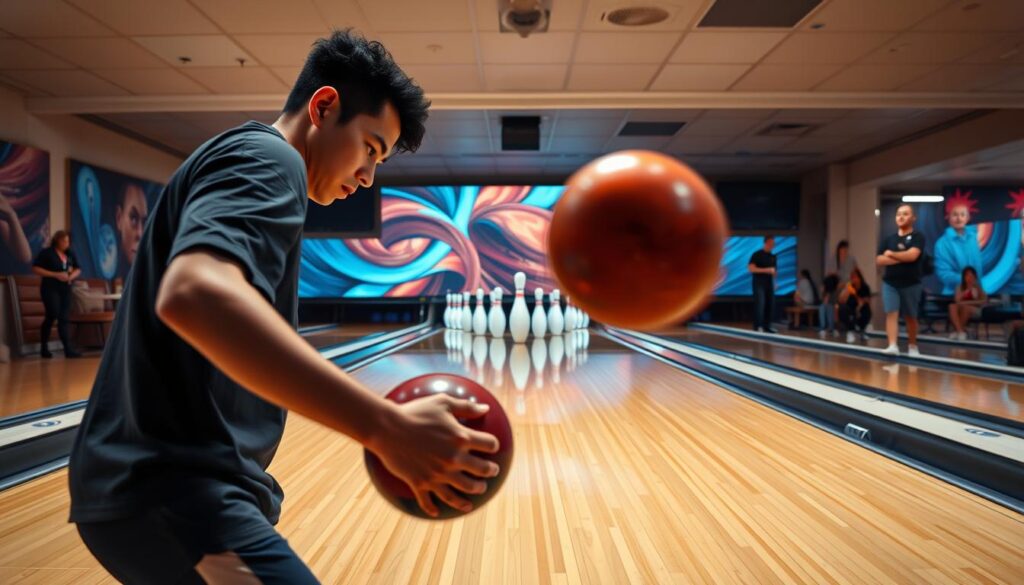 A dynamic scene of an athlete's bowling performance, captured with a wide-angle lens in a brightly lit bowling alley. In the foreground, the bowler stands poised, their intense focus etched on their face as they prepare to release the ball. The ball hurtles down the polished lane, its trajectory frozen in time, cutting through the air with purpose. In the middle ground, the pins stand tall, awaiting their fate. The background is a blur of motion, with other bowlers and spectators cheering on the action. The image conveys the thrill and tension of the moment, the athlete's dedication and determination shining through, inspiring all who witness their perjuangan, or struggle, to reach the pinnacle of their sport.