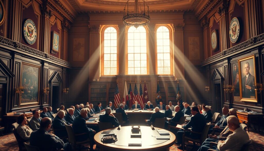 A grand, ornate meeting hall, its walls adorned with political party banners and emblems. At the center, a round table where party leaders sit, deep in discussion. Rays of warm, golden light pour in through tall windows, casting an air of seriousness and importance. In the background, a bookshelf filled with financial ledgers and budget reports, symbolizing the careful management of party funds. The atmosphere is one of thoughtful deliberation, as the leaders navigate the complexities of party finance reform. A sense of weighty responsibility hangs in the air, underscoring the significance of this moment in shaping the future of the nation's democracy. A grand, ornate meeting hall, its walls adorned with political party banners and emblems. At the center, a round table where party leaders sit, deep in discussion. Rays of warm, golden light pour in through tall windows, casting an air of seriousness and importance. In the background, a bookshelf filled with financial ledgers and budget reports, symbolizing the careful management of party funds. The atmosphere is one of thoughtful deliberation, as the leaders navigate the complexities of party finance reform. A sense of weighty responsibility hangs in the air, underscoring the significance of this moment in shaping the future of the nation's democracy.