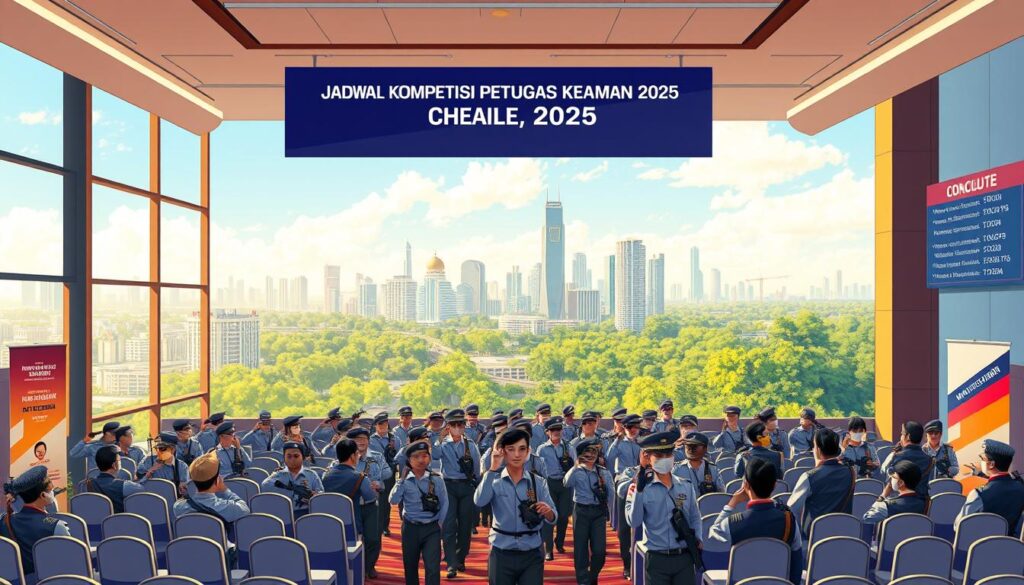 A high-resolution digital illustration of the "Jadwal Kompetisi Petugas Keamanan 2025" event schedule. In the foreground, a sleek, modern conference hall with floor-to-ceiling windows showcasing the bustling city skyline outside. Crisp, professional signage and banners adorn the venue, detailing the competition schedule and event logistics. The middle ground features a crowd of uniformed security personnel engaged in various training exercises and demonstrations, their expressions focused and determined. In the background, a lush, verdant landscape with towering skyscrapers and a clear, azure sky, conveying a sense of dynamism and progress. Warm, diffused lighting creates a sense of energy and optimism, while the overall composition and attention to detail elevate the professionalism and significance of the event.