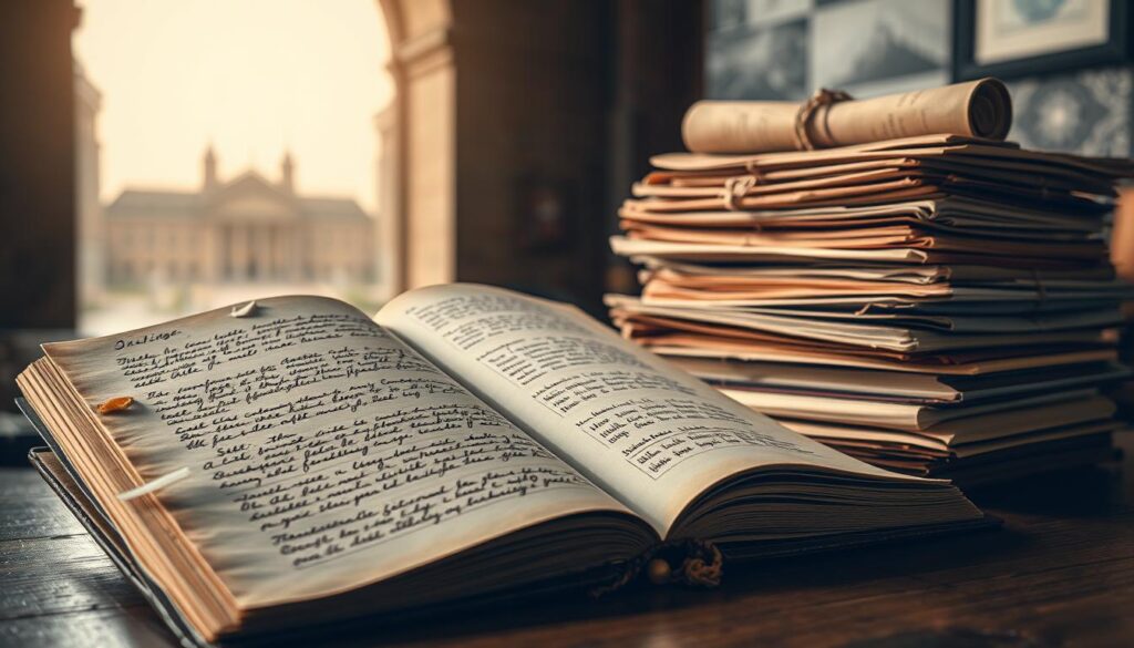A high-resolution image showcasing the evolution of the term "Skripsi" over time. Set in a soft, academic atmosphere with warm lighting and a shallow depth of field. In the foreground, a weathered open book with handwritten notes and sketches, symbolizing the historical origins of the term. In the middle ground, a stack of vintage academic documents and scrolls, representing the gradual development and codification of the concept. In the background, a hazy, out-of-focus silhouette of a university campus, evoking a sense of timeless scholarly tradition. The overall composition should convey a sense of the rich history and significance behind the term "Skripsi".
