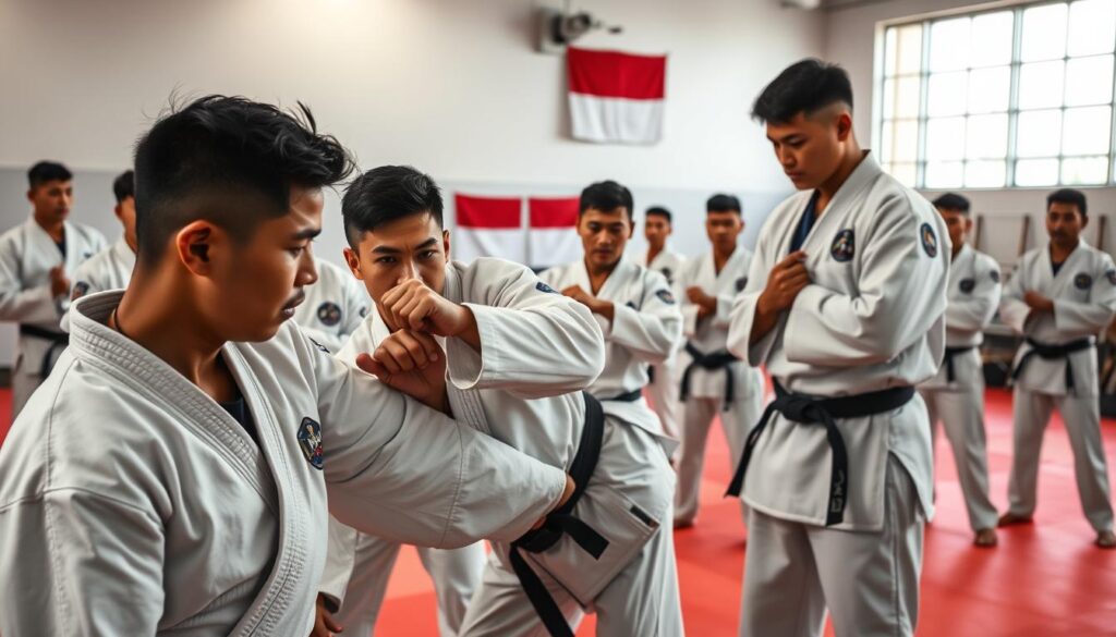 A highly focused and intense group of police judo athletes, clad in crisp white uniforms, standing in a well-lit training hall. Their faces are determined, bodies poised and ready for action. In the foreground, two judoka grapple with precise movements, their muscles straining as they execute a throw. In the middle ground, other team members practice katas, their forms flowing with discipline and control. The background features mats, training equipment, and the Indonesian flag, conveying a sense of national pride and preparedness. Soft, diffused lighting illuminates the scene, creating an atmosphere of determination and professionalism as the Polri judo team prepares for the 2025 World Police and Fire Games.