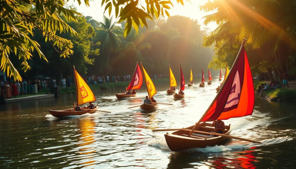 A lively scene of the Pacu Jalur festival in Riau, Indonesia. In the foreground, vibrant traditional wooden boats called jalur glide across a tranquil river, their colorful sails billowing in the breeze. Mid-frame, spectators line the riverbanks, clad in festive garments, cheering on the racers. The background is lush with verdant tropical foliage, framing the serene waterway. Warm, golden sunlight filters through the leaves, casting a dreamy, celebratory atmosphere over the entire spectacle. The overall mood is one of cultural vibrancy, community, and the enduring traditions of the Riau region. A lively scene of the Pacu Jalur festival in Riau, Indonesia. In the foreground, vibrant traditional wooden boats called jalur glide across a tranquil river, their colorful sails billowing in the breeze. Mid-frame, spectators line the riverbanks, clad in festive garments, cheering on the racers. The background is lush with verdant tropical foliage, framing the serene waterway. Warm, golden sunlight filters through the leaves, casting a dreamy, celebratory atmosphere over the entire spectacle. The overall mood is one of cultural vibrancy, community, and the enduring traditions of the Riau region.