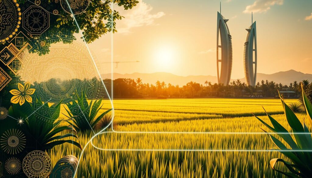 A lush, verdant landscape blends seamlessly with a digital interface, showcasing the harmonious fusion of traditional and modern elements. In the foreground, intricate patterns and motifs characteristic of indigenous cultures are seamlessly integrated into a sleek, holographic display, creating a captivating visual tapestry. The middle ground features a serene, sun-dappled field, with traditional farming tools and implements standing as a testament to the enduring legacy of agrarian practices. In the background, towering, futuristic structures rise, their sleek, glass facades reflecting the ever-evolving digital landscape. Warm, golden lighting casts a soft, dreamlike glow over the scene, evoking a sense of timeless harmony between the analog and the digital realms. A lush, verdant landscape blends seamlessly with a digital interface, showcasing the harmonious fusion of traditional and modern elements. In the foreground, intricate patterns and motifs characteristic of indigenous cultures are seamlessly integrated into a sleek, holographic display, creating a captivating visual tapestry. The middle ground features a serene, sun-dappled field, with traditional farming tools and implements standing as a testament to the enduring legacy of agrarian practices. In the background, towering, futuristic structures rise, their sleek, glass facades reflecting the ever-evolving digital landscape. Warm, golden lighting casts a soft, dreamlike glow over the scene, evoking a sense of timeless harmony between the analog and the digital realms.