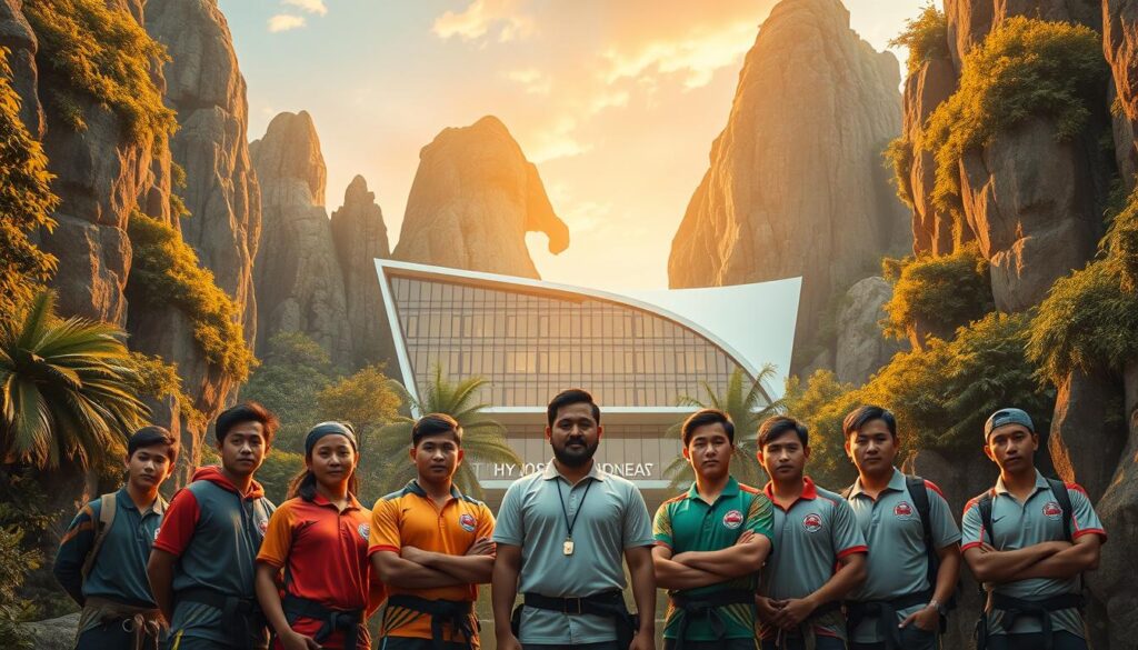 A meticulously detailed scene depicting the vital role of the Indonesian Climbing Federation. In the foreground, a group of dedicated climbers stand united, their expressions conveying a sense of determination and pride. The middle ground showcases the Federation's headquarters, a modern structure with a sleek, angular design, reflecting the organization's commitment to innovation and progress. In the background, towering rock formations and lush foliage create a backdrop that evokes the natural beauty of Indonesia's climbing landscapes. Warm, golden lighting illuminates the scene, casting a sense of warmth and professionalism. The overall composition conveys the Federation's pivotal position in shaping the success of Indonesia's climbing athletes, preparing them for the upcoming Sea Games with unwavering support and guidance.