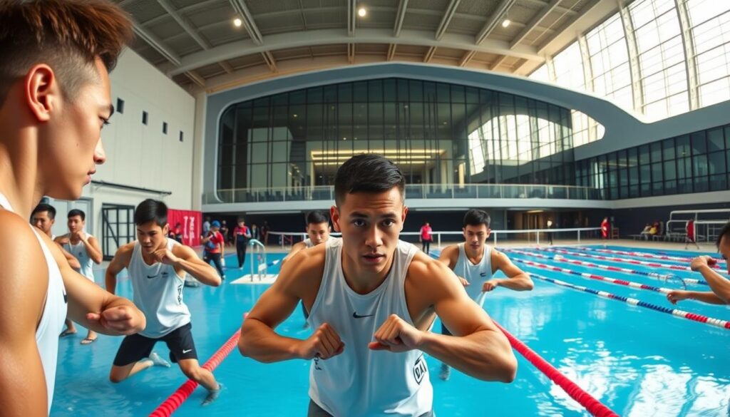 A panoramic view of an intensive training program for Sea Games athletes, set against the backdrop of a modern sports complex. In the foreground, a group of determined athletes engage in rigorous exercises, their faces etched with focus and determination. The middle ground features advanced training equipment and facilities, including a state-of-the-art gymnasium and an Olympic-sized swimming pool. In the background, the complex is framed by sleek, contemporary architecture, suggesting a well-equipped and technologically-advanced environment dedicated to athlete development. The lighting is a mix of natural and artificial, creating a dynamic and energetic atmosphere. The overall scene conveys a sense of dedication, professionalism, and the relentless pursuit of excellence in preparation for the upcoming Sea Games.