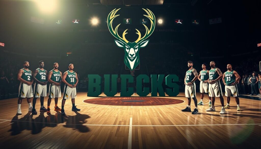 A professional basketball team, the Milwaukee Bucks, standing proudly on a dimly lit court. In the foreground, the team's iconic deer logo is prominently displayed, its antlers reaching towards the sky. The players, clad in their vibrant green and white uniforms, are captured in a dynamic moment, their expressions determined as they prepare for the game ahead. The middle ground features the team's name in bold, imposing lettering, casting a subtle shadow on the court. In the background, the arena's lights create a warm, atmospheric glow, hinting at the electric energy of the crowd. The overall scene conveys a sense of power, confidence, and the unwavering spirit of the Milwaukee Bucks.