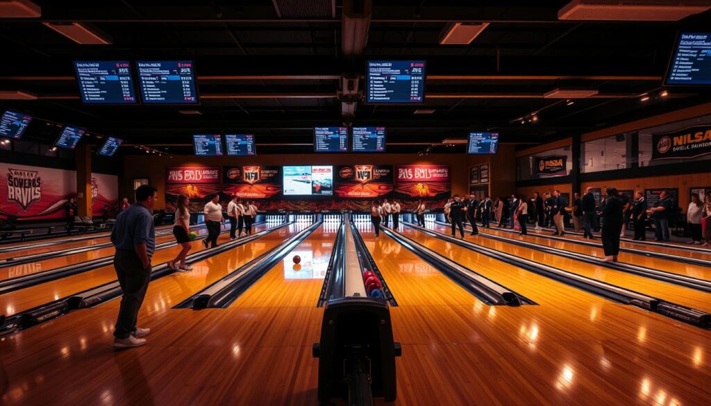 A professional, well-lit indoor bowling alley with shiny hardwood floors and gleaming lanes. In the foreground, a group of bowlers in matching uniforms, poised to roll their balls down the lanes. In the middle ground, spectators and coaches watch intently, the atmosphere charged with anticipation. The background features large scoreboards displaying the competition standings, and banners showcasing the event's branding and sponsors. Warm, dramatic lighting casts a sense of excitement and importance, capturing the essence of a prestigious bowling championship.