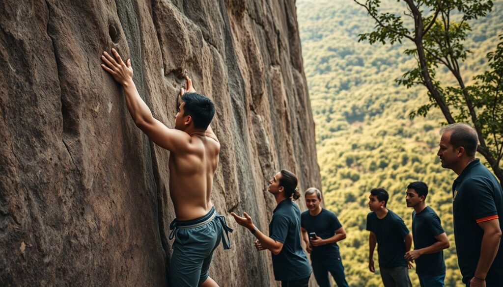 A rugged climbing wall stands tall, its weathered surface a testament to the grueling training of elite rock climbers. In the foreground, an athlete, muscles rippling, grips the wall with intense focus, their body poised for the next challenging move. Surrounding them, a team of coaches and trainers offer guidance, hands ready to spot any missteps. The scene is bathed in warm, golden light, creating a sense of determination and camaraderie. In the background, the lush, verdant landscape serves as a natural backdrop, underscoring the connection between the athletes and their environment. This image captures the physical and mental fortitude required to excel in the sport of rock climbing, perfectly embodying the "Kesiapan Fisik dan Mental Atlet" section of the article.