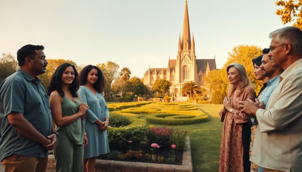 A serene outdoor scene depicting Christian leadership and social responsibility. In the foreground, a diverse group of people stand together, hands clasped, conveying a sense of unity and community. Their expressions radiate compassion and a commitment to service. The middle ground features a well-manicured garden, symbolizing the nurturing and sustainable nature of their work. In the background, a grand cathedral stands tall, its steeple reaching towards the heavens, representing the spiritual foundation of their leadership. Warm, golden light filters through the scene, creating a tranquil, inspirational atmosphere. The overall composition conveys the idea of Christian leaders humbly and diligently fulfilling their social obligations with grace and purpose. A serene outdoor scene depicting Christian leadership and social responsibility. In the foreground, a diverse group of people stand together, hands clasped, conveying a sense of unity and community. Their expressions radiate compassion and a commitment to service. The middle ground features a well-manicured garden, symbolizing the nurturing and sustainable nature of their work. In the background, a grand cathedral stands tall, its steeple reaching towards the heavens, representing the spiritual foundation of their leadership. Warm, golden light filters through the scene, creating a tranquil, inspirational atmosphere. The overall composition conveys the idea of Christian leaders humbly and diligently fulfilling their social obligations with grace and purpose.