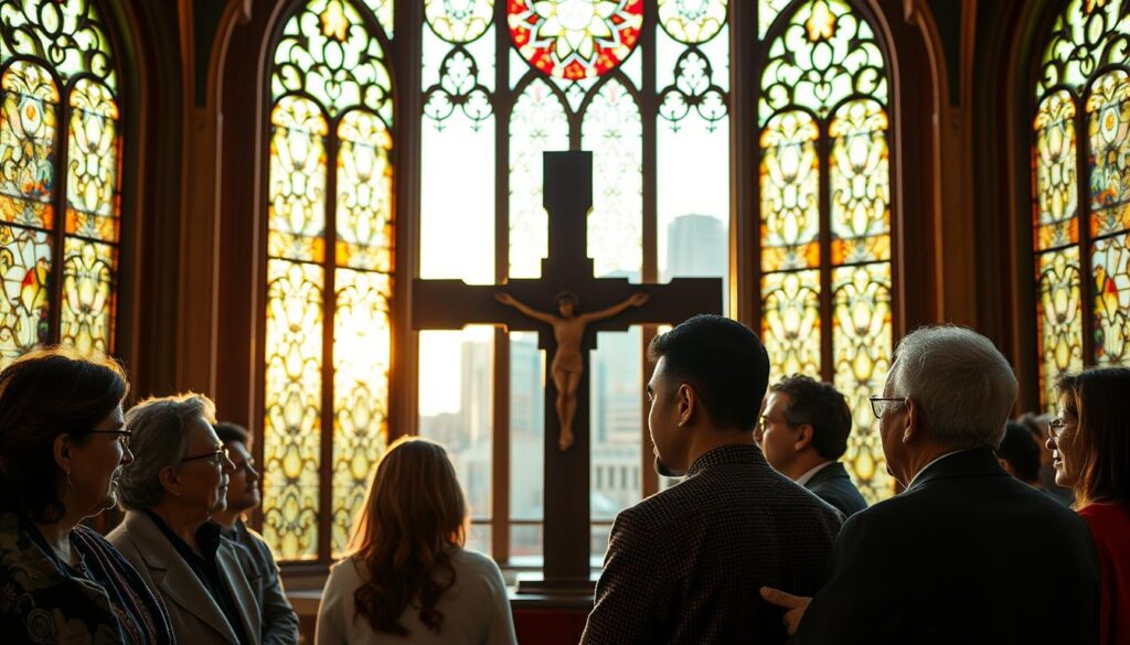 A serene, well-lit church interior with intricate stained glass windows casting warm hues. In the foreground, a group of diverse Christian leaders engaged in deep discussion, their expressions reflecting thoughtful innovation. The middle ground showcases a large, ornate wooden cross, symbolizing the foundation of their faith-based leadership. In the background, a modern city skyline visible through the windows, representing the integration of Christian principles into the contemporary world. The scene exudes a sense of reverence, collaboration, and a forward-thinking approach to Christian leadership. A serene, well-lit church interior with intricate stained glass windows casting warm hues. In the foreground, a group of diverse Christian leaders engaged in deep discussion, their expressions reflecting thoughtful innovation. The middle ground showcases a large, ornate wooden cross, symbolizing the foundation of their faith-based leadership. In the background, a modern city skyline visible through the windows, representing the integration of Christian principles into the contemporary world. The scene exudes a sense of reverence, collaboration, and a forward-thinking approach to Christian leadership.