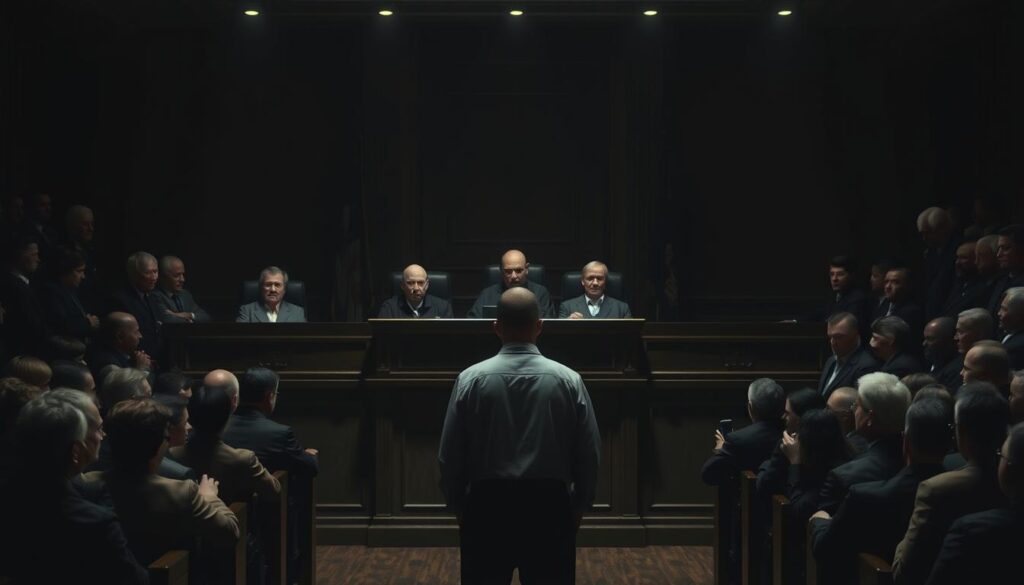 A somber courtroom scene, dimly lit with a heavy atmosphere. At the center, a lone figure stands before a panel of stern-faced judges, their expressions conveying the gravity of the case. The defendant, head bowed, faces the consequences of their actions, the weight of their crime palpable in the air. Surrounding them, the hushed gallery observes the proceedings, tension and anticipation palpable. Shadows creep along the walls, adding to the solemn mood. The scene captures the essence of a high-profile case, where justice is tempered with the solemnity of the law. A somber courtroom scene, dimly lit with a heavy atmosphere. At the center, a lone figure stands before a panel of stern-faced judges, their expressions conveying the gravity of the case. The defendant, head bowed, faces the consequences of their actions, the weight of their crime palpable in the air. Surrounding them, the hushed gallery observes the proceedings, tension and anticipation palpable. Shadows creep along the walls, adding to the solemn mood. The scene captures the essence of a high-profile case, where justice is tempered with the solemnity of the law.