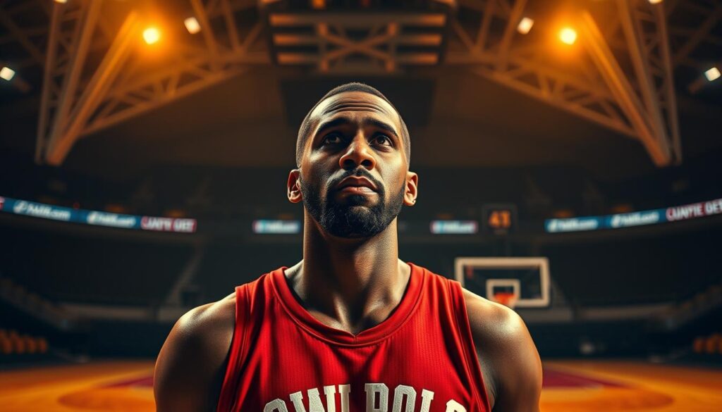 A thoughtful, pensive Chris Paul standing alone on a basketball court, illuminated by warm, golden lighting. His expression conveying the weight of his decision to retire from the NBA, set against a dimly lit arena in the background. The court's surface reflects the lighting, creating a sense of depth and atmosphere. The image should evoke a contemplative, introspective mood, capturing the essence of the section title "Chris Paul Pensiun Nba: Alasan dan Pertimbangan".
