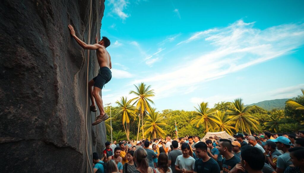 A thrilling climbing competition at the ASEAN Climbing 2025 event, showcasing the exceptional athletic prowess of Indonesian climbers. In the foreground, a determined athlete scales a towering rock face, their muscles rippling as they navigate the challenging terrain. Mid-ground, a cheering crowd watches in awe, their faces filled with excitement. In the background, lush tropical foliage and a vibrant blue sky set the scene, capturing the dynamic energy of the event. The lighting is natural and warm, casting a golden glow on the athletes as they push their limits. The camera angle is high, providing a sweeping view of the entire scene, emphasizing the scale and grandeur of the competition.