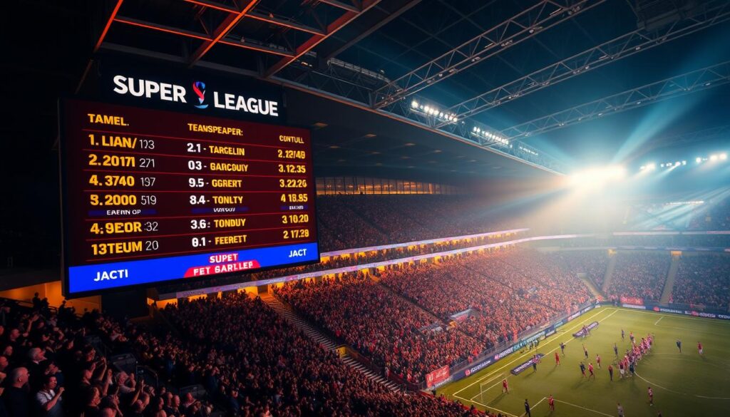 A vibrant and dynamic stadium scoreboard against a backdrop of a packed arena, showcasing the latest match schedule and results of the Super League. The scoreboard is illuminated with bold, legible typography, highlighting the team names, match times, and scores in an organized layout. The stadium interior is bathed in warm, stadium lighting, creating an immersive and energetic atmosphere. Fans can be seen in the stands, cheering passionately, adding to the excitement of the event. The composition features a high-angle perspective, providing an overhead view of the action, conveying a sense of scale and grandeur.