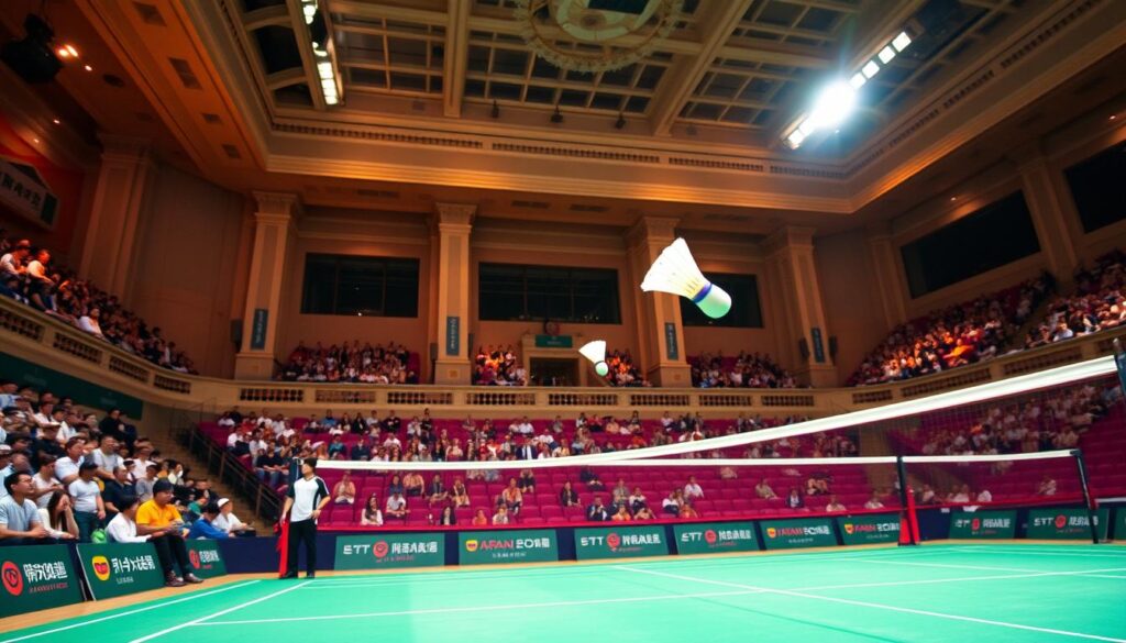 A vibrant, dynamic badminton tournament court in a grand stadium setting. The foreground features a well-lit playing area with a net and two shuttlecocks in mid-flight, captured in a freeze-frame moment of intensity. The middle ground showcases spectators in the stands, their expressions of excitement and anticipation captured in vivid detail. The background depicts the grand architectural features of the venue, with high ceilings, ornate pillars, and a sense of grandeur befitting a prestigious international badminton event. The lighting is a perfect balance of warm, natural tones, creating a captivating and immersive atmosphere that evokes the thrill and energy of the Japan Open 2025 badminton tournament.