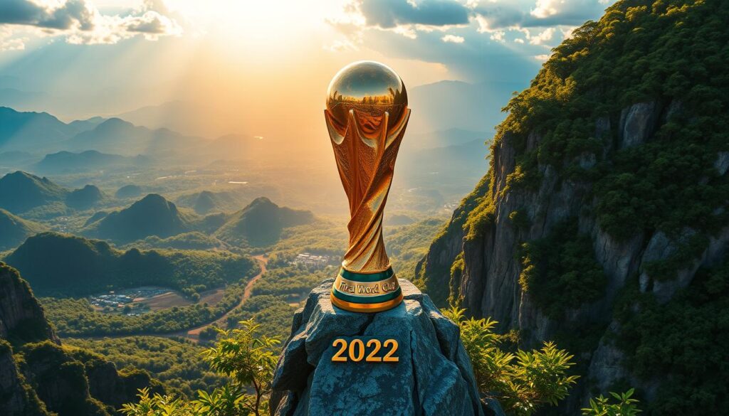 A vibrant, high-resolution image of the 2022 FIFA World Cup trophy standing atop a mountain peak, surrounded by lush, verdant foliage and dramatic cliffs. The trophy is rendered in a metallic, reflective material, catching the warm glow of the sun filtering through the clouds. In the background, a panoramic view of a diverse, dynamic Southeast Asian landscape unfolds, with distant mountain ranges and tropical forests. The image conveys a sense of achievement, global recognition, and the fusion of traditional climbing culture with international sporting events.