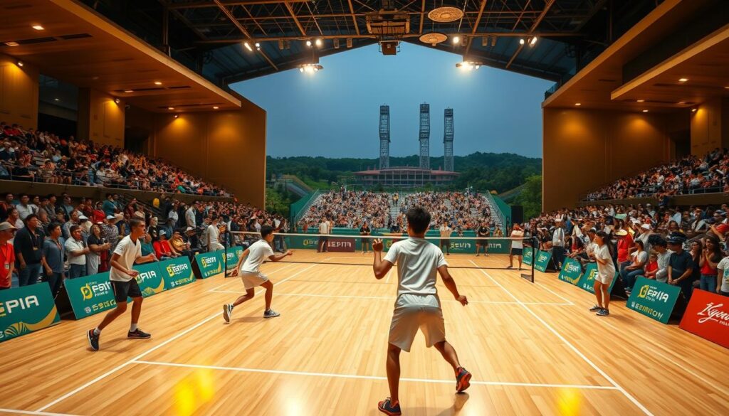 A vibrant scene of a junior international badminton tournament. Elegant players in pristine uniforms compete on a sleek wooden court, bathed in warm, golden lighting. The arena is filled with spectators, their faces alight with excitement as they cheer on their national champions. In the background, a sweeping vista of towering stadiums and lush greenery sets the stage for this prestigious event. Crisp, high-contrast images capture the intensity and grace of the athletes, their powerful strokes and agile footwork on full display. An atmosphere of fierce competition and national pride permeates the scene, reflecting the spirit of the Jaya Raya Junior Grand Prix 2025.