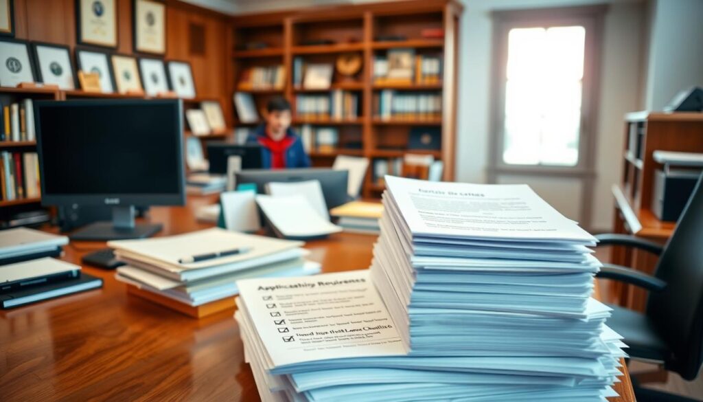 A well-lit academic office, with a large wooden desk showcasing carefully organized documents, folders, and a desktop computer. In the foreground, a stack of application forms and checklists labeled "Scholarship Requirements" stands out, hinting at the administrative process. The middle ground features diplomas, certificates, and academic regalia, symbolizing the meritocratic criteria. The background subtly depicts a bookshelf filled with physics textbooks and reference materials, reinforcing the scholarly nature of the scene. The overall atmosphere exudes a sense of professionalism, rigor, and the promise of a bright future for the aspiring physicist. A well-lit academic office, with a large wooden desk showcasing carefully organized documents, folders, and a desktop computer. In the foreground, a stack of application forms and checklists labeled "Scholarship Requirements" stands out, hinting at the administrative process. The middle ground features diplomas, certificates, and academic regalia, symbolizing the meritocratic criteria. The background subtly depicts a bookshelf filled with physics textbooks and reference materials, reinforcing the scholarly nature of the scene. The overall atmosphere exudes a sense of professionalism, rigor, and the promise of a bright future for the aspiring physicist.