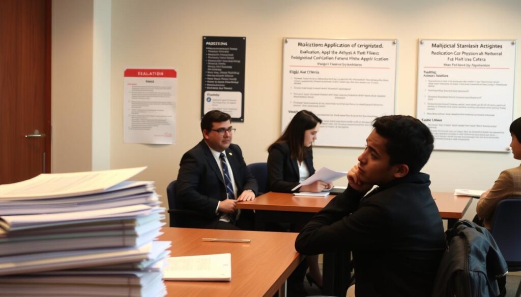 A well-lit academic setting with a professional evaluation panel seated at a table, intently reviewing application documents. In the foreground, a stack of carefully organized folders and a thoughtful student awaiting their decision. The background features a wall-mounted display showcasing program details and eligibility criteria. Soft, warm lighting creates an atmosphere of scholarly diligence, as the selection process unfolds with precision and care. The scene conveys the rigor and significance of the physics scholarship application, setting the stage for a transformative educational opportunity. A well-lit academic setting with a professional evaluation panel seated at a table, intently reviewing application documents. In the foreground, a stack of carefully organized folders and a thoughtful student awaiting their decision. The background features a wall-mounted display showcasing program details and eligibility criteria. Soft, warm lighting creates an atmosphere of scholarly diligence, as the selection process unfolds with precision and care. The scene conveys the rigor and significance of the physics scholarship application, setting the stage for a transformative educational opportunity.
