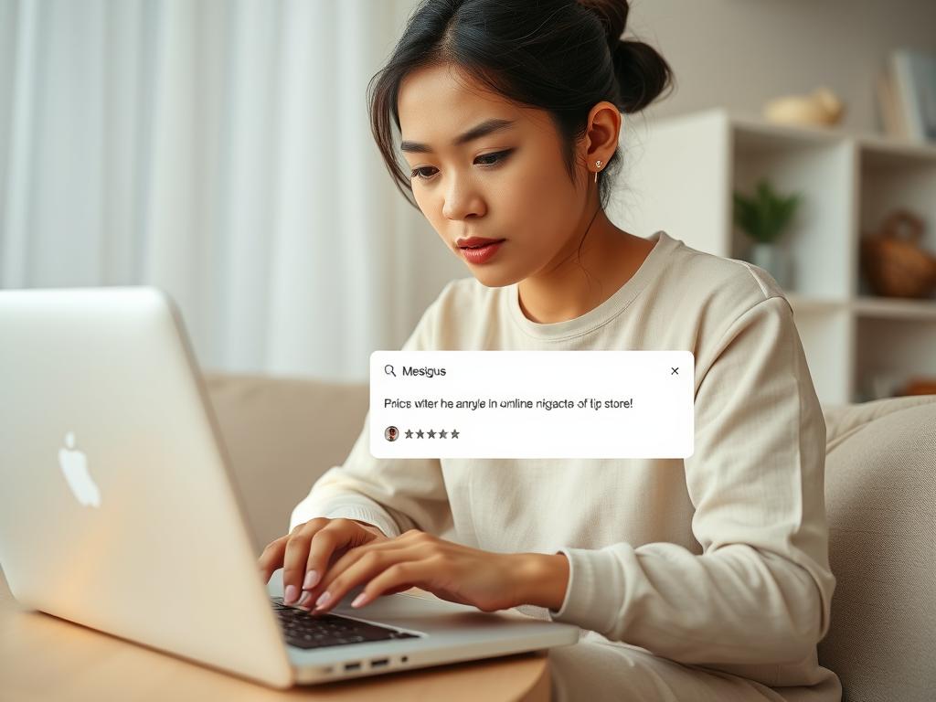 Seorang wanita sedang berbelanja online dengan hati-hati, memeriksa ulasan toko Seorang wanita sedang berbelanja online dengan hati-hati, memeriksa ulasan toko