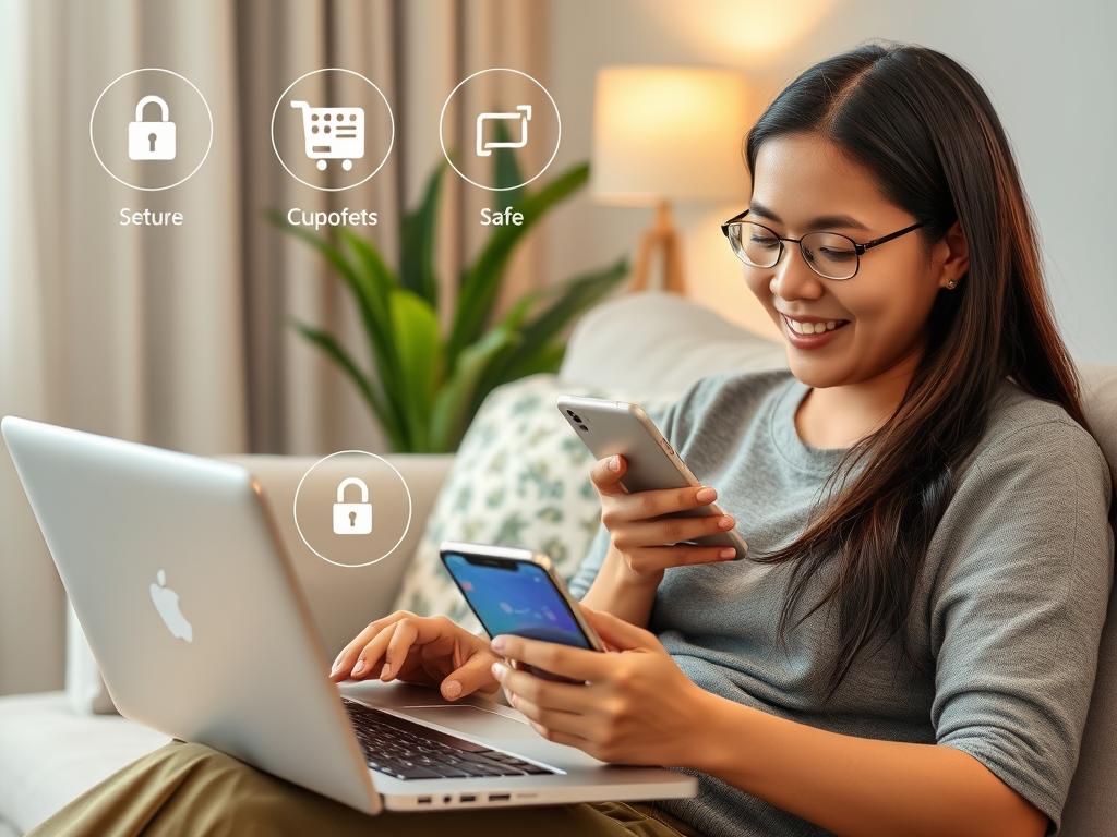 Seseorang berbelanja online dengan aman menggunakan laptop dan smartphone Seseorang berbelanja online dengan aman menggunakan laptop dan smartphone