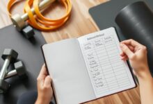 Seseorang sedang merencanakan jadwal latihan mingguan yang seimbang dan terukur di buku catatan dengan alat olahraga di sekitarnya