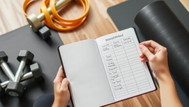 Seseorang sedang merencanakan jadwal latihan mingguan yang seimbang dan terukur di buku catatan dengan alat olahraga di sekitarnya