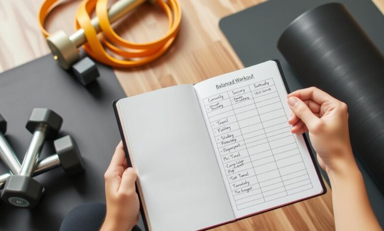 Seseorang sedang merencanakan jadwal latihan mingguan yang seimbang dan terukur di buku catatan dengan alat olahraga di sekitarnya