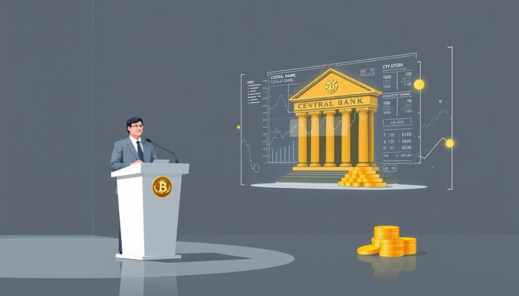 a detailed digital illustration of monetary policy and gold prices, showing a central bank official standing at a podium, presenting data and analytics on a large holographic display against a sleek, minimalist background with muted tones of gray, blue, and gold, creating an authoritative and professional atmosphere that conveys the subject matter's gravitas and technical nature. a detailed digital illustration of monetary policy and gold prices, showing a central bank official standing at a podium, presenting data and analytics on a large holographic display against a sleek, minimalist background with muted tones of gray, blue, and gold, creating an authoritative and professional atmosphere that conveys the subject matter's gravitas and technical nature.