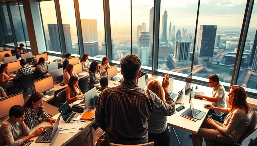 A bustling corporate office, illuminated by warm natural light streaming through floor-to-ceiling windows. Rows of desks, each occupied by a young professional deeply engaged in their work, laptops and documents spread out before them. In the foreground, a group of colleagues collaborate around a conference table, gesturing animatedly as they discuss potential career trajectories. The background showcases a dynamic cityscape, skyscrapers and infrastructure rising up, symbolizing the boundless opportunities awaiting those with the right technical expertise. The overall atmosphere conveys a sense of purpose, innovation, and the promise of a successful career in the thriving tech industry.