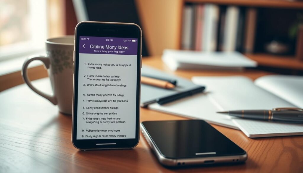 A cozy home office setup with a smartphone in the foreground, displaying a list of potential online money-making ideas. The smartphone is placed on a wooden desk, alongside a mug of coffee, a pen, and a notebook. The background features a warm, natural lighting setting, perhaps with a window or a bookshelf visible, creating a relaxing and productive atmosphere. The image should convey a sense of focus, inspiration, and the ease of accessing lucrative online opportunities right from the user's fingertips.