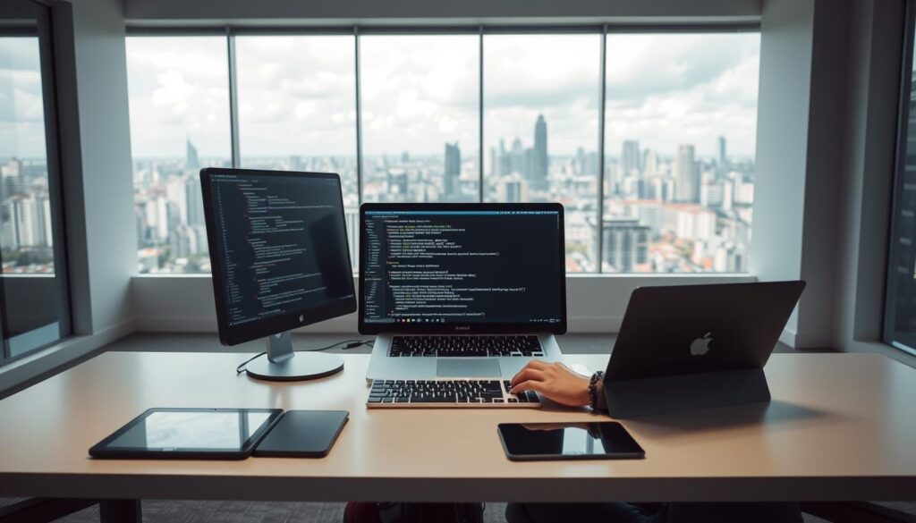 A dynamic, high-resolution image of a web developer's workspace. In the foreground, a developer sits at a clean, minimalist desk, intently focused on a laptop screen with lines of code. Surrounding them, a thoughtfully curated array of tech accessories - a sleek mouse, a mechanical keyboard, a tablet for design work. The middle ground reveals an airy, well-lit office space, with floor-to-ceiling windows offering a panoramic view of a bustling Indonesian cityscape. Soft, directional lighting creates a sense of professionalism and productivity. In the background, the urban landscape is rendered in rich, vibrant tones, hinting at the endless opportunities and career growth potential for skilled web developers in the region.