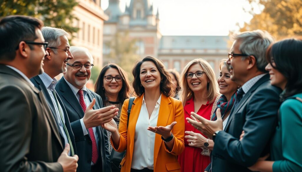 A group of confident, passionate university alumni, dressed in formal attire, stand together in a well-lit campus setting. In the foreground, they engage in animated discussions, gesturing animatedly as they share their experiences and ideas. In the middle ground, a backdrop of the university's iconic architecture frames the scene, hinting at the institution's legacy and prestige. The lighting is warm and inviting, casting a soft glow on the alumni's faces, conveying a sense of pride and camaraderie. The overall atmosphere is one of collaboration, inspiration, and a shared commitment to the university's growth and development.