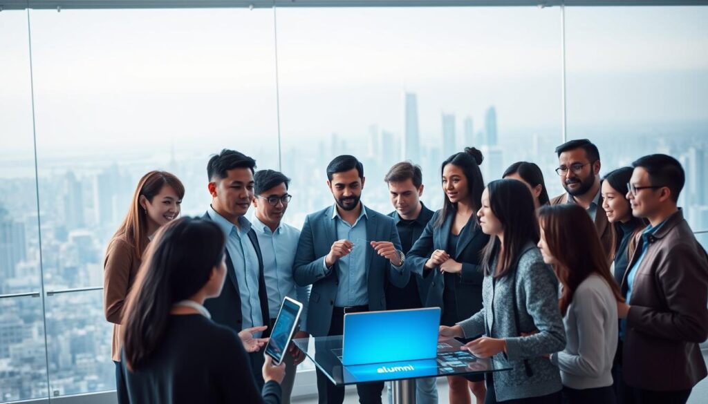 A group of diverse alumni gathered in a modern digital workspace, surrounded by holographic displays, sleek laptops, and futuristic technology. The foreground features a mix of professional attire and casual wear, capturing the dynamic blend of academia and innovation. In the middle ground, alumni collaborate on interactive touchscreens, sharing ideas and insights. The background showcases a panoramic city skyline, symbolizing the global impact and reach of this digital-savvy alumni community. Soft, directional lighting casts a warm, collaborative atmosphere, while the minimalist, high-tech setting conveys a sense of progress and adaptability.