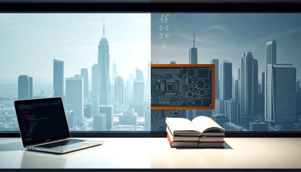 A split-screen image showcasing the core differences between Computer Science and Computer Systems. In the foreground, a clean, minimalist workspace with a laptop, textbooks, and a chalkboard showing algorithms and data structures. In the middle ground, a complex circuit board and hardware components representing the essence of Computer Systems. In the background, a futuristic cityscape with towering skyscrapers, reflecting the broader applications and impacts of Computer Science. Soft, directional lighting illuminates the scene, creating a sense of depth and emphasizing the distinct yet complementary disciplines. The overall mood is one of intellectual curiosity, technical sophistication, and the dynamic interplay between software and hardware.