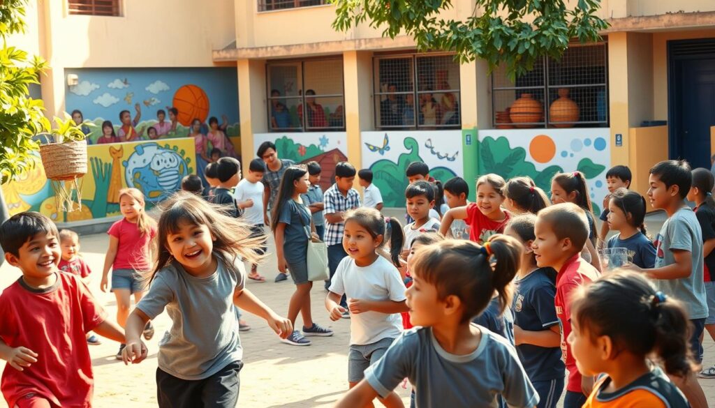A vibrant schoolyard bustling with engaged students, participating in a diverse array of extracurricular activities. In the foreground, a group of young learners enthusiastically playing a team sport, their laughter and camaraderie filling the air. In the middle ground, other students are gathered around a science experiment, their faces alight with curiosity and wonder. In the background, a colorful mural adorns the school walls, reflecting the rich cultural heritage of the community. Warm, natural lighting bathes the scene, creating a sense of vitality and energy. This image captures the holistic development of students, beyond just academic achievements, showcasing the importance of well-rounded education. A vibrant schoolyard bustling with engaged students, participating in a diverse array of extracurricular activities. In the foreground, a group of young learners enthusiastically playing a team sport, their laughter and camaraderie filling the air. In the middle ground, other students are gathered around a science experiment, their faces alight with curiosity and wonder. In the background, a colorful mural adorns the school walls, reflecting the rich cultural heritage of the community. Warm, natural lighting bathes the scene, creating a sense of vitality and energy. This image captures the holistic development of students, beyond just academic achievements, showcasing the importance of well-rounded education.