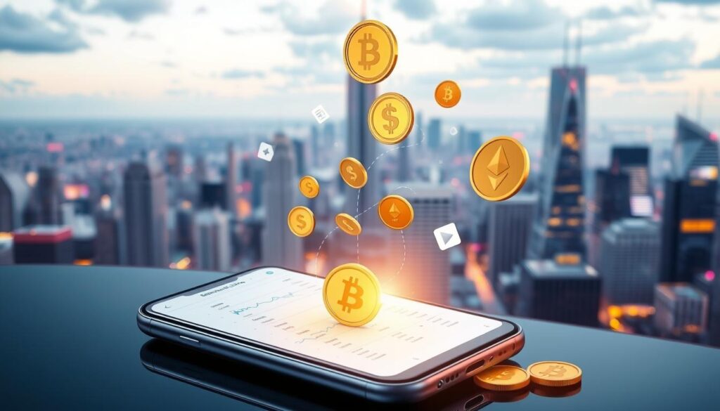 A visually striking image of a mobile application generating digital currency. The foreground features a modern smartphone displaying a clean and intuitive interface with graphs, charts, and icons depicting financial transactions and earnings. The middle ground showcases a seamless integration of virtual currency symbols, such as Bitcoin and Ethereum, flowing into the device. The background depicts a vibrant cityscape with skyscrapers and technology hubs, symbolizing the digital landscape where these money-making apps thrive. The overall composition conveys a sense of innovation, productivity, and the potential to earn money through the power of mobile technology.
