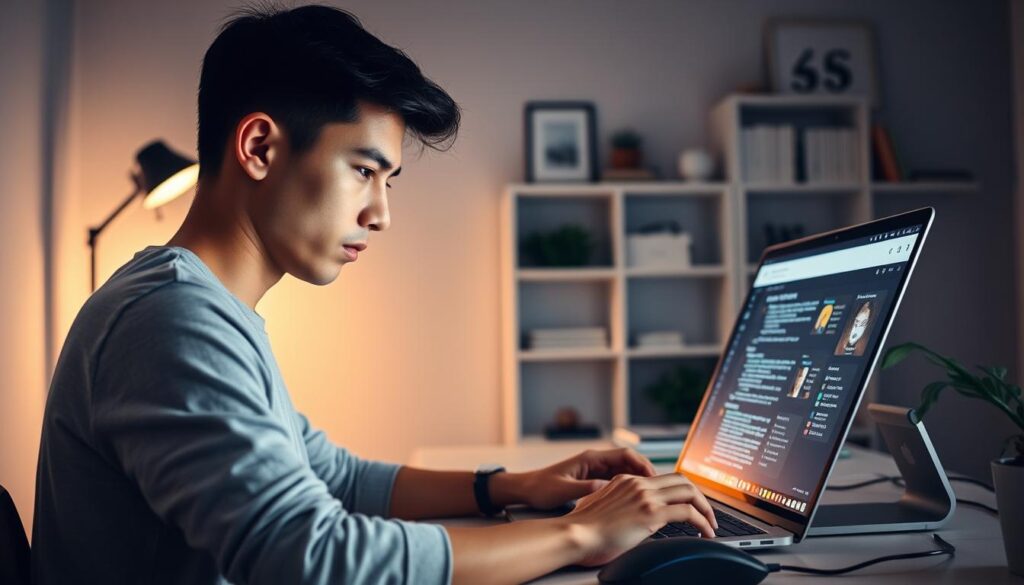 A young, talented web developer working diligently on their portfolio website. In the foreground, they are intently focused on their laptop screen, coding away with an expression of determined concentration. The middle ground features a minimalist, modern desk setup with a sleek monitor, keyboard, and mouse. Subtle lighting illuminates the scene, creating a warm, focused atmosphere. In the background, simple, clean-lined bookshelves and wall decor provide a professional, creative backdrop. The overall mood conveys a sense of purpose, discipline, and the pursuit of a fulfilling web development career.